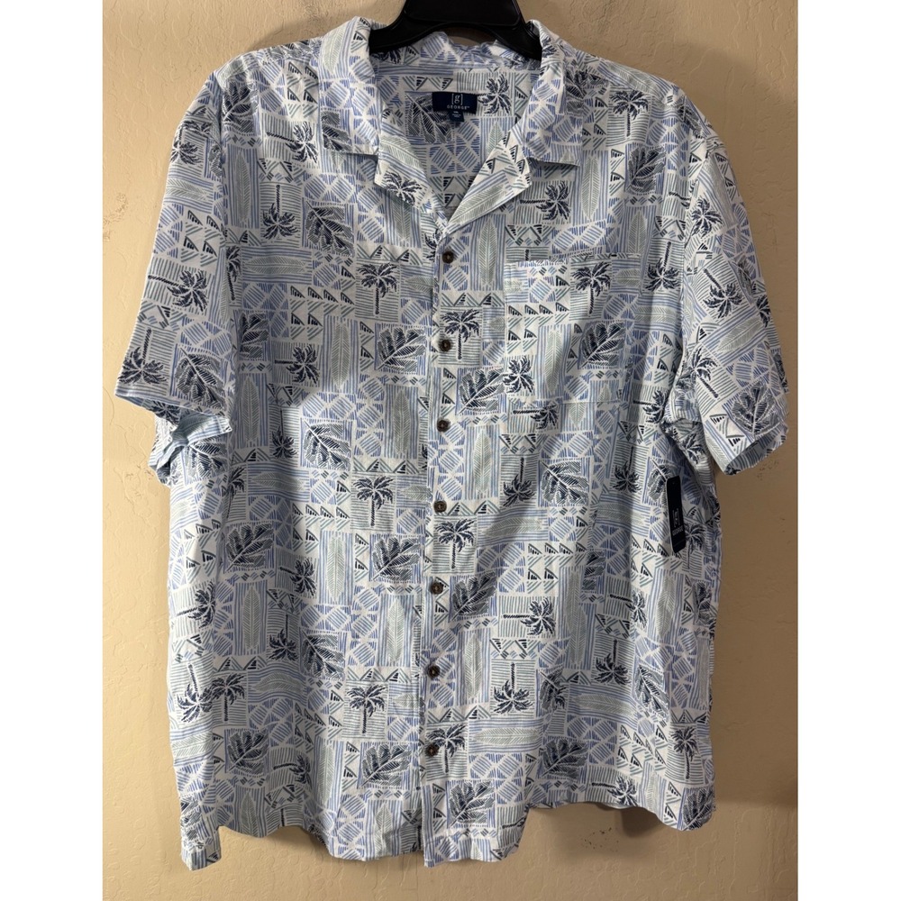 George Camp Shirt Men 3XL Blue Tropical Palm‎ Geometric Short Sleeve Button NEW